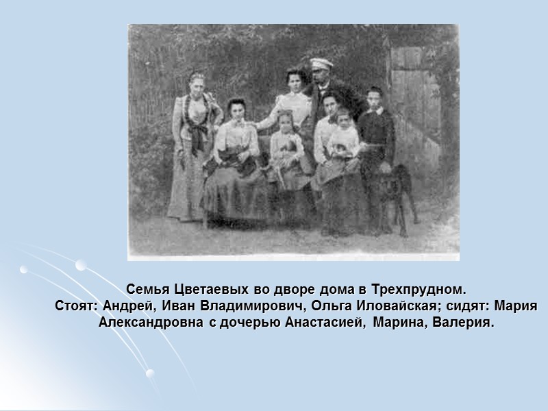 Семья Цветаевых во дворе дома в Трехпрудном.  Стоят: Андрей, Иван Владимирович, Ольга Иловайская;